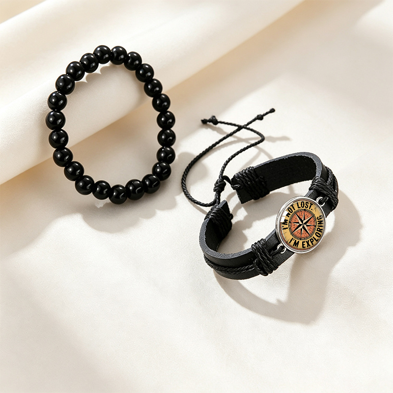 2pcs Exploration Compass Illustration Adjustable Black Cuff Bracelet